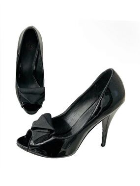 Saks Fifth Avenue Patent Leather Ribbon Pumps Hidden Mini Platform Peep/Open
Toe